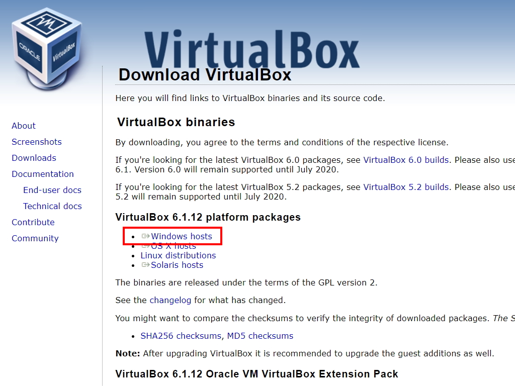 VirtualBoxのダウンロードページ